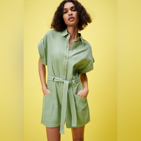 Zara Linen TOPSTITCHED Short JUMPSUIT Romper w/ Belt Green Size XS NEW - Picture 3 of 8